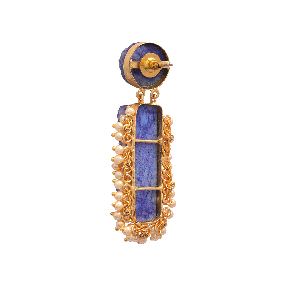 Tarini- Unpolished Stone Embellished With Mini Pearls Dangler Earring(Blue)