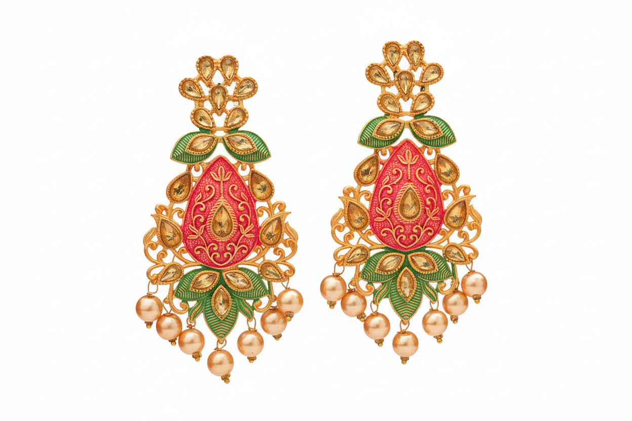 Harini- Stone Studded Hanging Pearl Dangler Earrings(Multicolored- Red and Green)