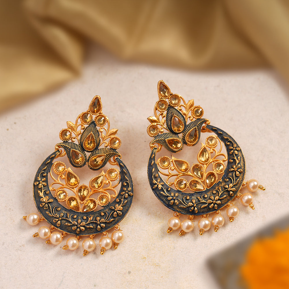 Kashvi- Stone Studded Hanging Pearl Dangler Earrings