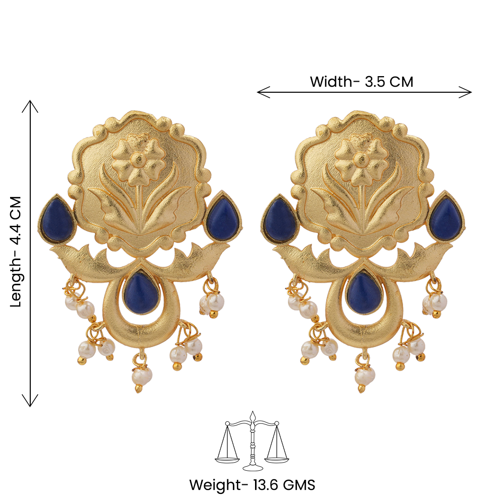 Ritika- Stone Studded Hanging Pearls Stud Earrings(Blue)
