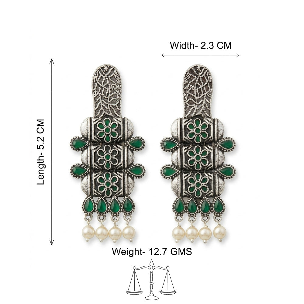 ManiStambh – Silver Brass Oxidised Dangler Earrings (Green)