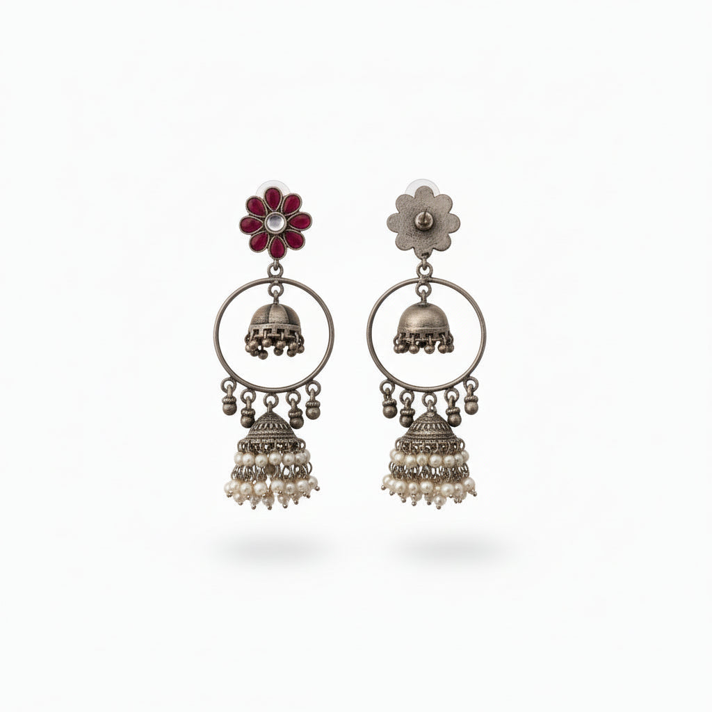 Red Stone Studded Silver Toned Handcrafted Earrings with Hanging Pearls