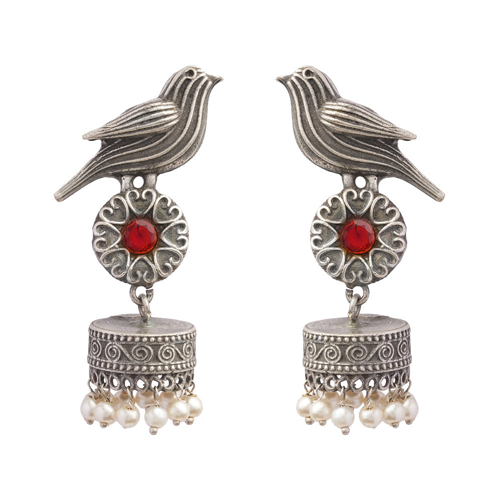 Chakori- Silver Brass Oxidised Jhumka Earrings(Red)