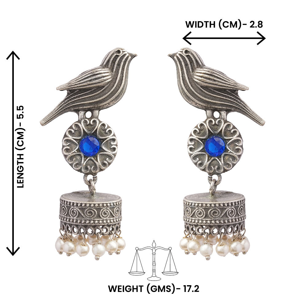 Chakori- Silver Brass Oxidised Jhumka Earrings( Aqua Blue)