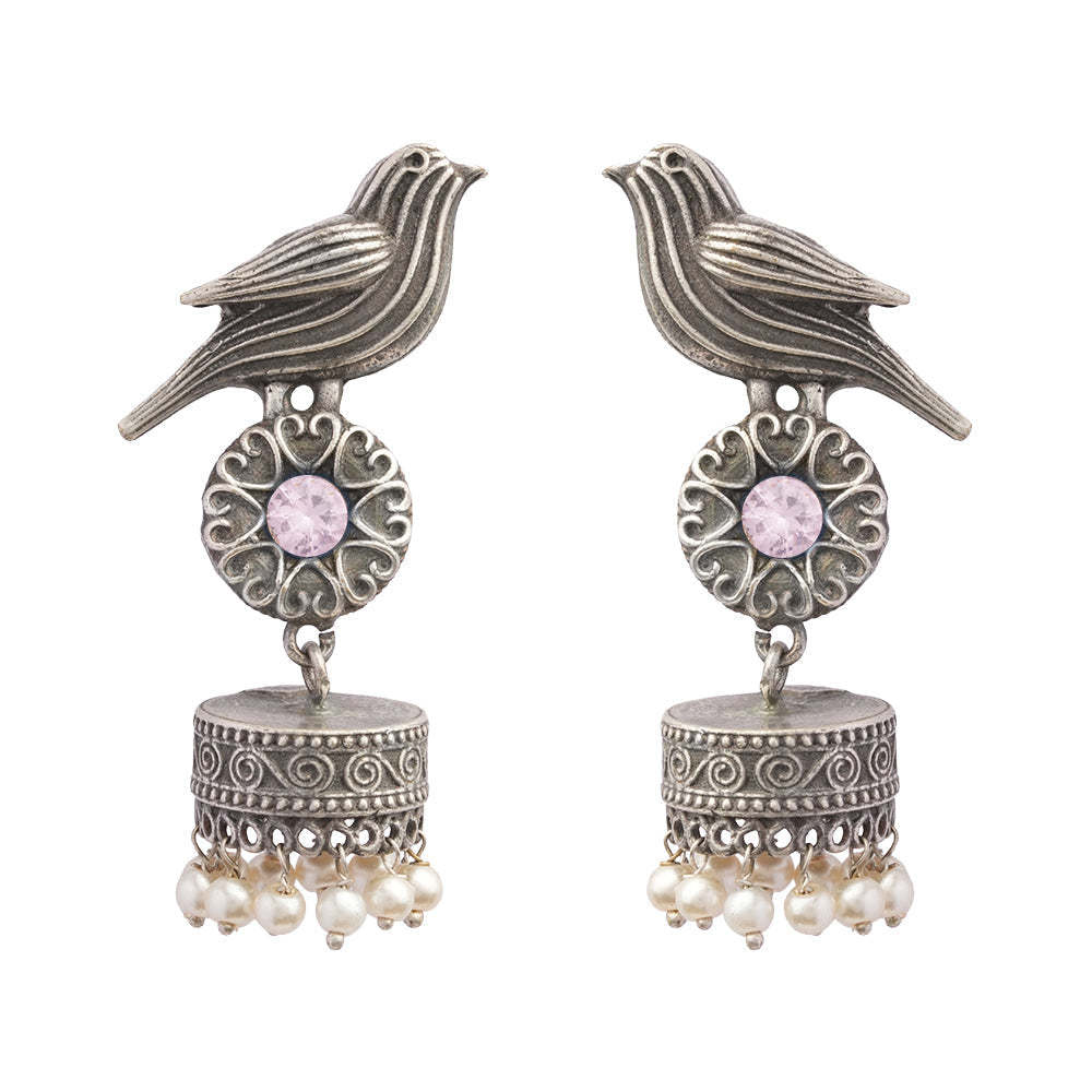 Chakori- Silver Brass Oxidised Jhumka Earrings(Baby Pink)