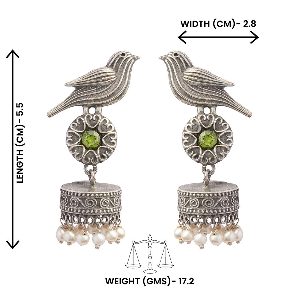 Chakori- Silver Brass Oxidised Jhumka Earrings(Parrot Green)