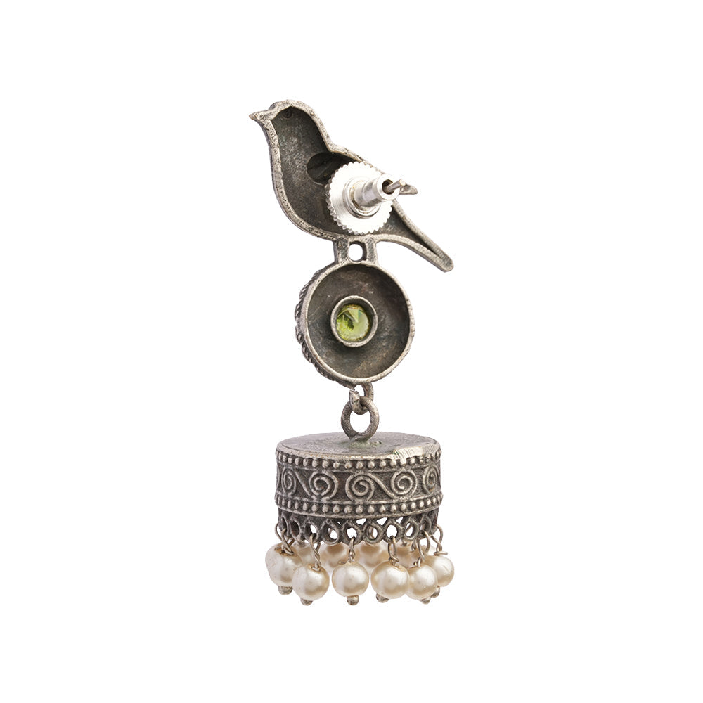 Chakori- Silver Brass Oxidised Jhumka Earrings(Parrot Green)
