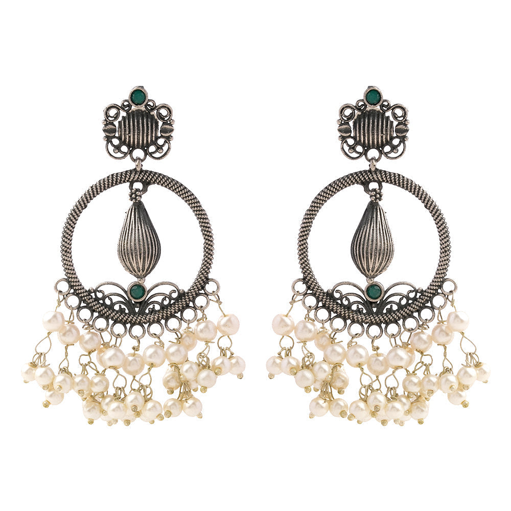 Ghoomar- Silver Brass Pearl dangler earrings(Green)