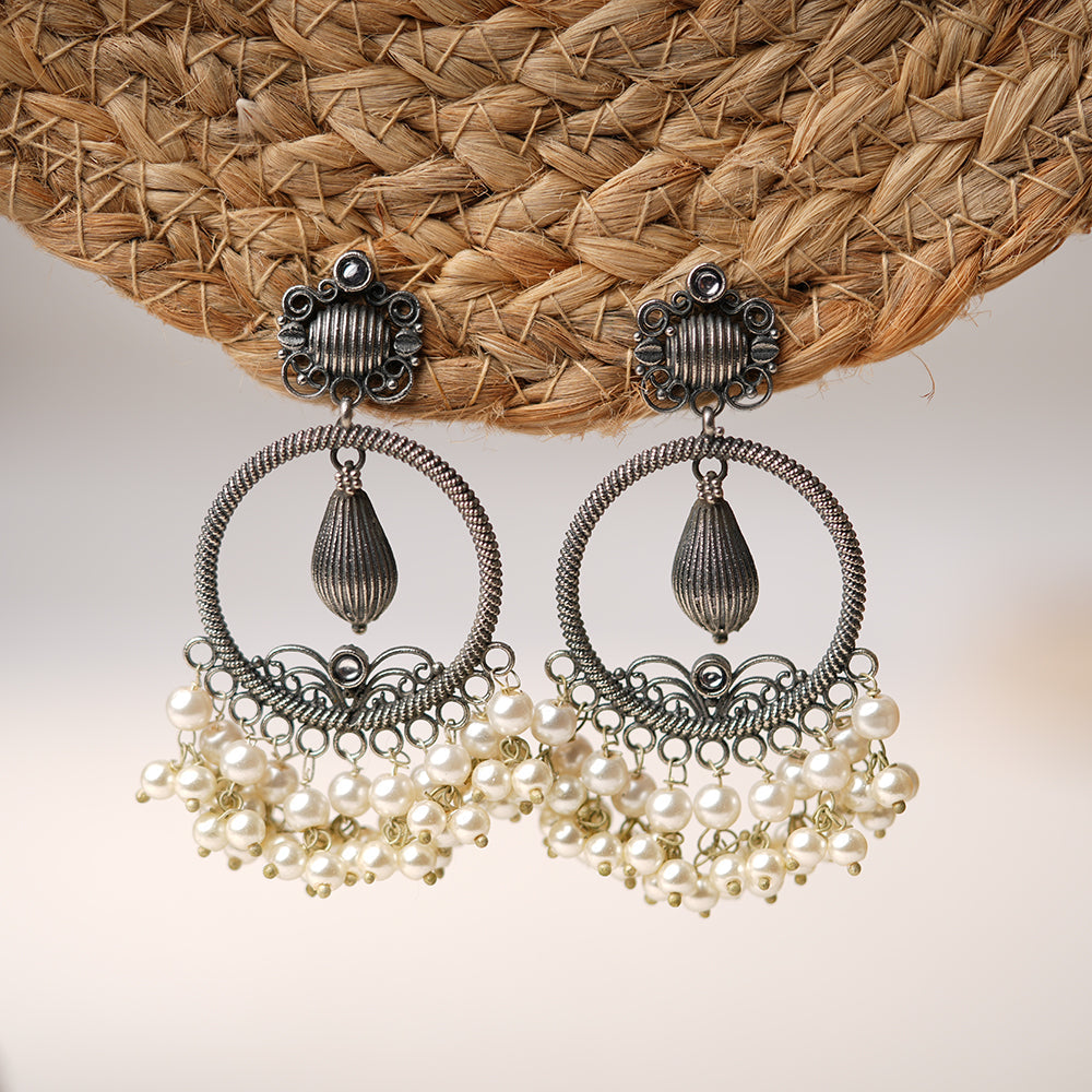 Ghoomar- Silver Brass Pearl dangler earrings(White)