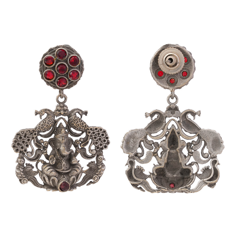 Gajanana- Silver Brass Oxidised dangler earrings(Red)