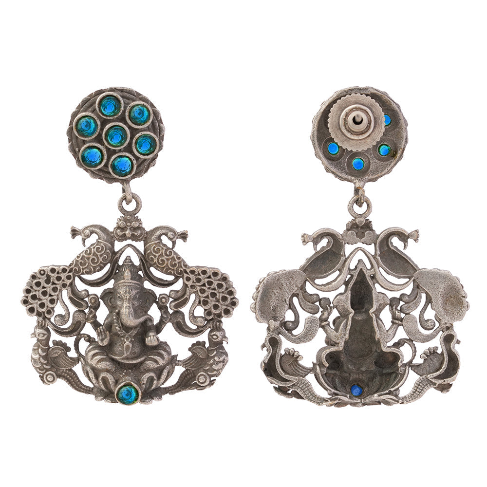 Gajanana- Silver Brass Oxidised dangler earrings(Blue)