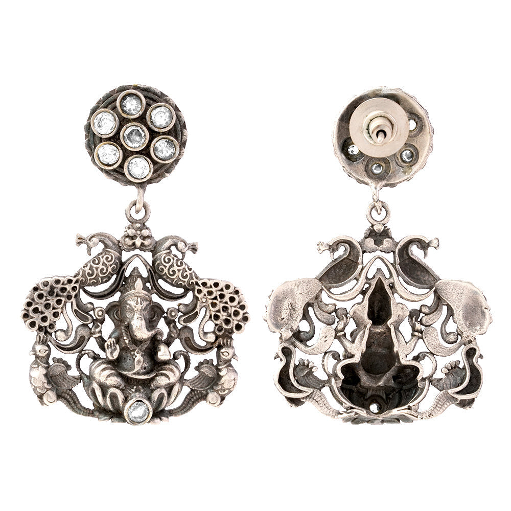 Gajanana- Silver Brass Oxidised dangler earrings(White)