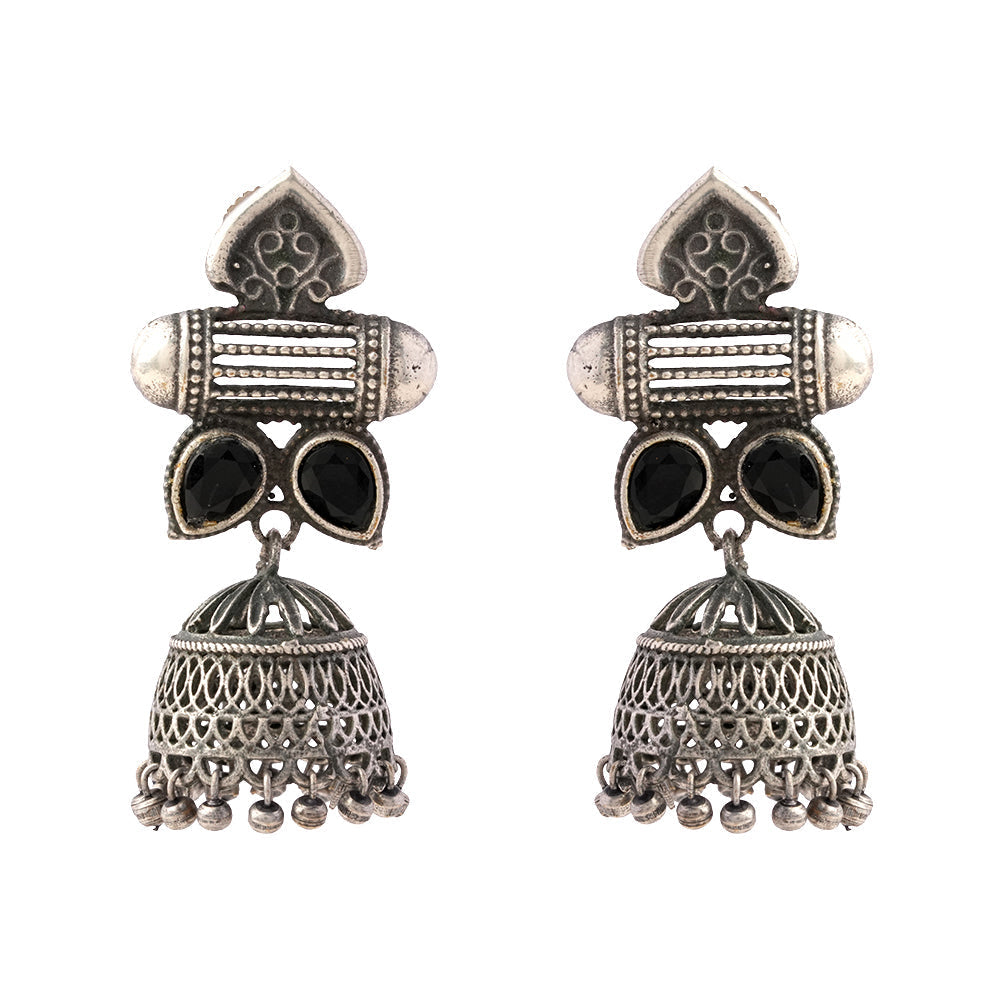 Taal- Silver Brass Oxidised jhumka earrings(Black)