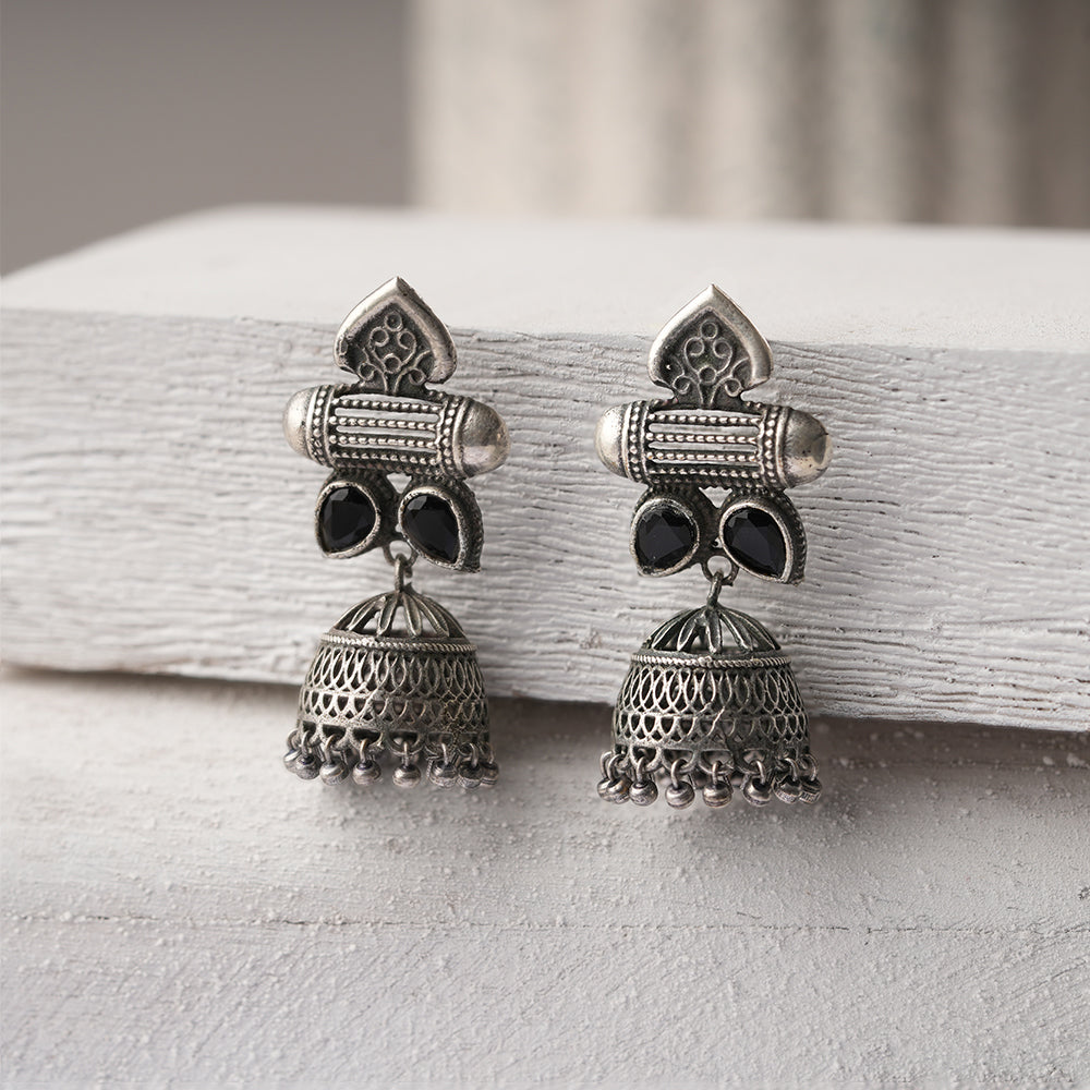 Taal- Silver Brass Oxidised jhumka earrings(Black)