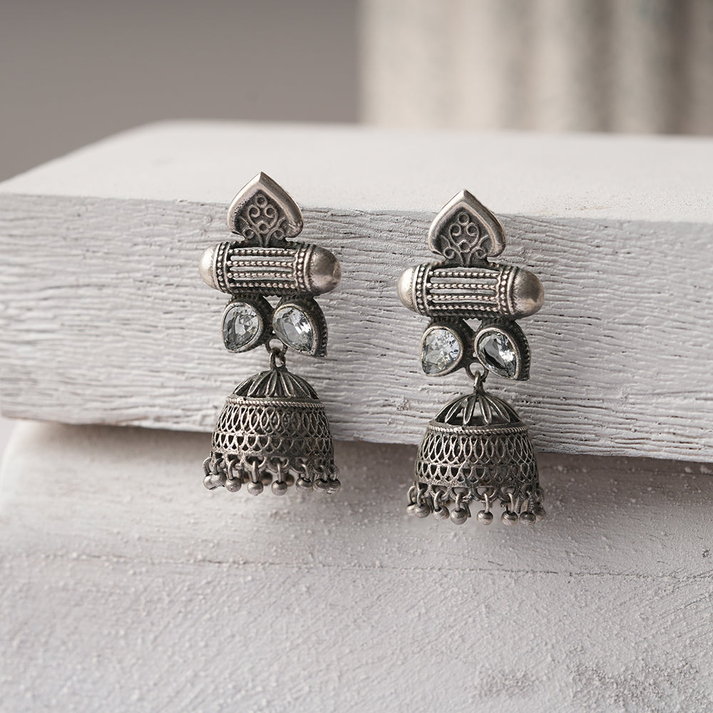 Taal- Silver Brass Oxidised Jhumka earrings(white)