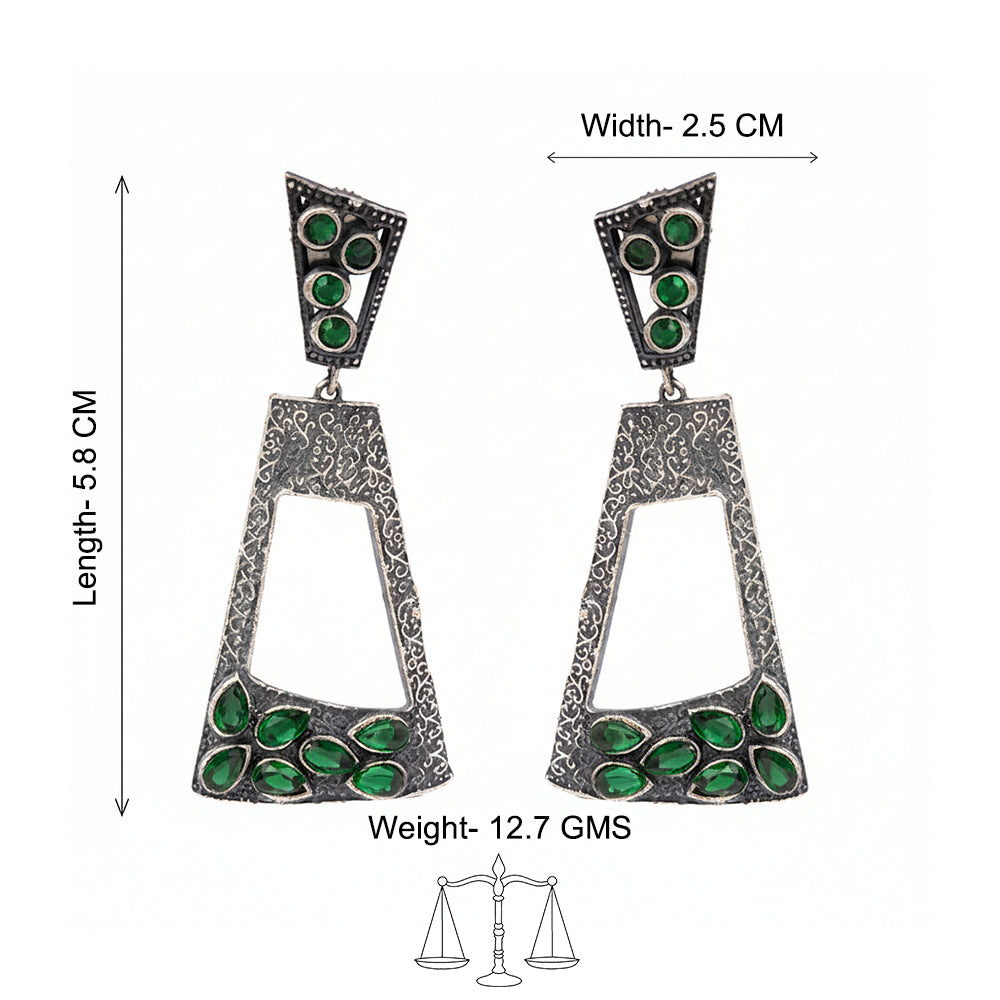 Vakrini- Silver Brass Oxidised dangler earrings(Green)