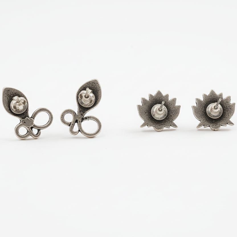 Trayi- Combo of Silver Brass Oxidised stud Earrings