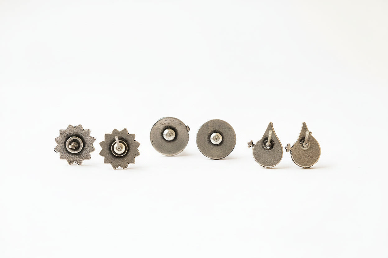 Saathiya- Combo of Silver Brass Oxidised stud Earrings