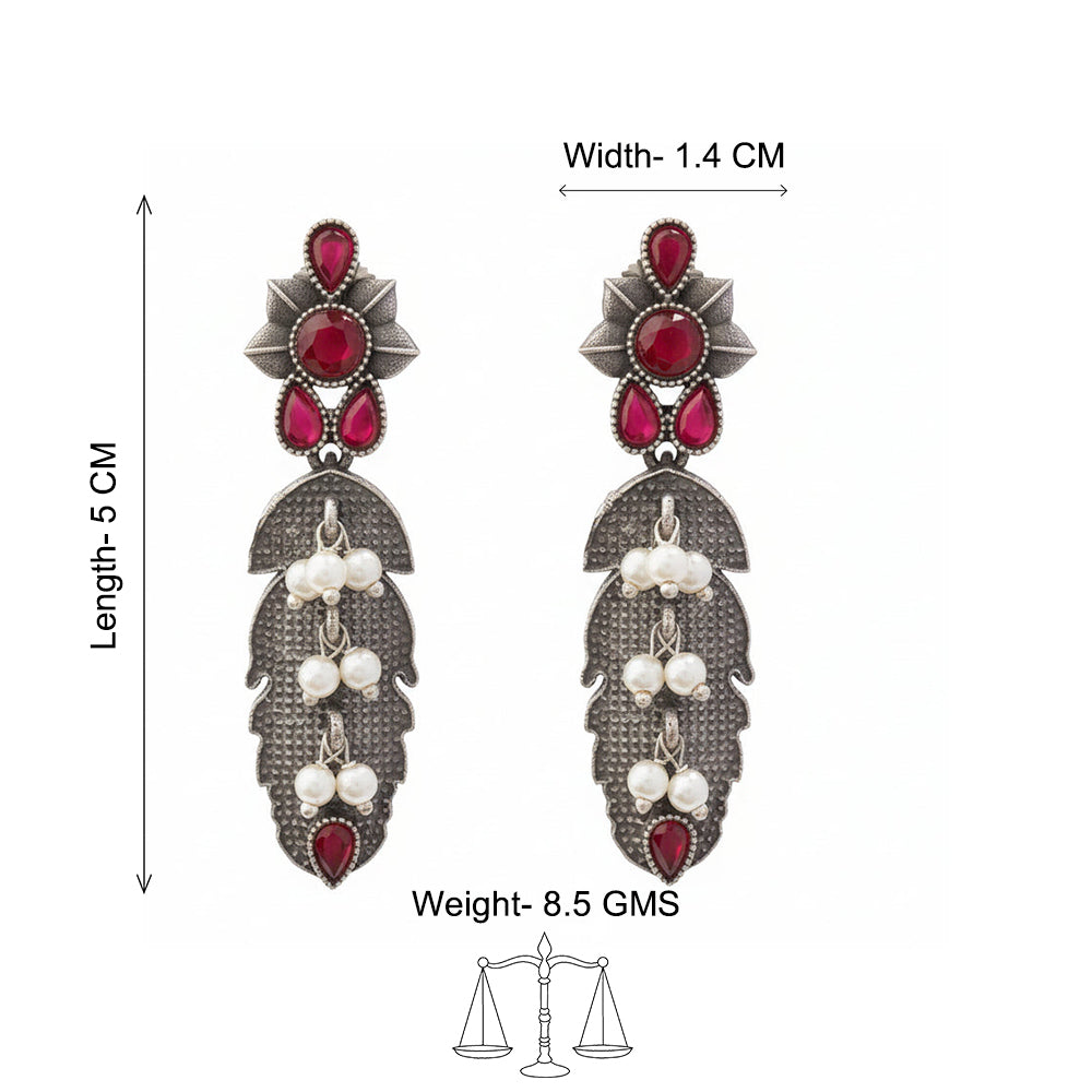 MotiPatra- Silver Brass Pearl dangler earrings (Red)