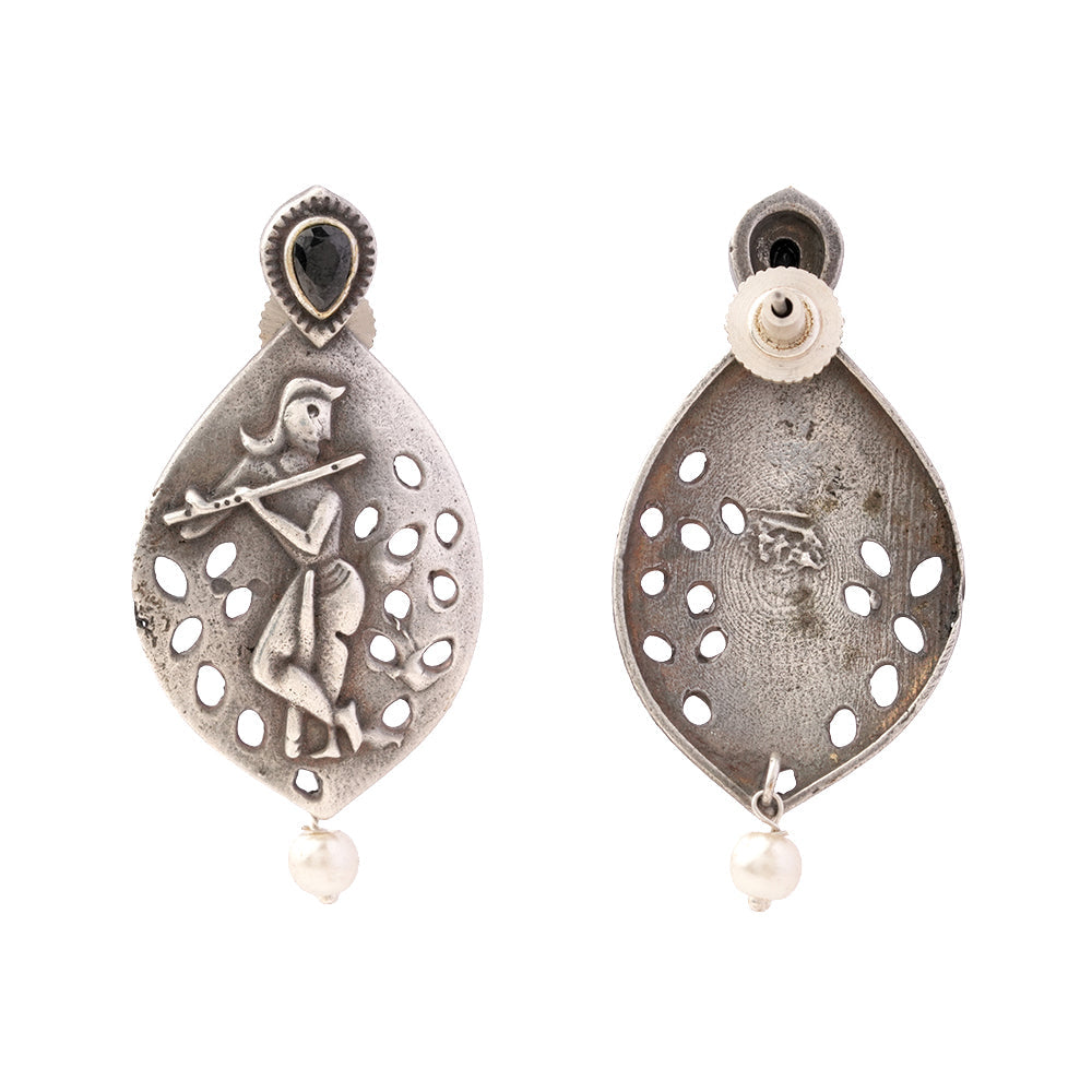 Kanha- Silver Brass Pearl dangler earrings(Black)