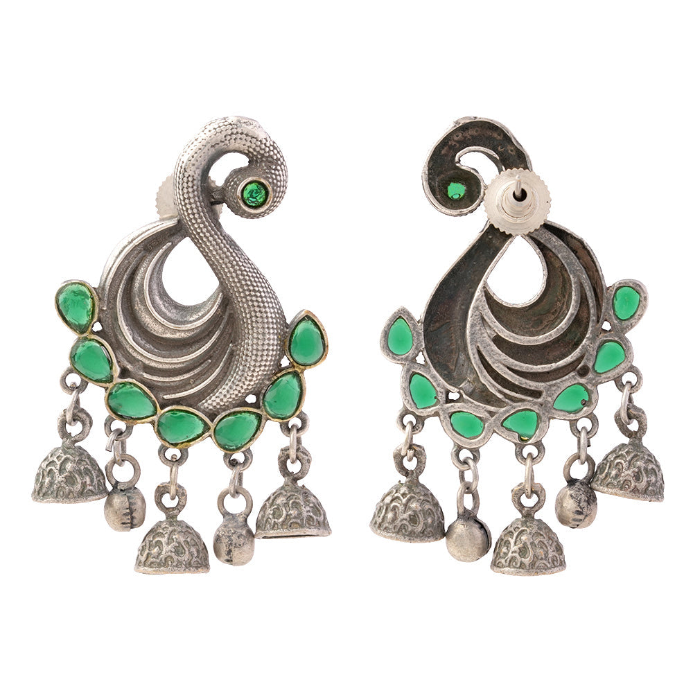 Hansika- Silver Brass ghunghroo dangler earrings(Green)