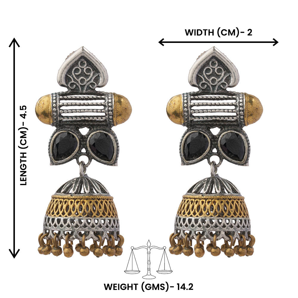 Rupali – Oxidised Silver Brass Stone-Studded Jhumka Earrings (Black)