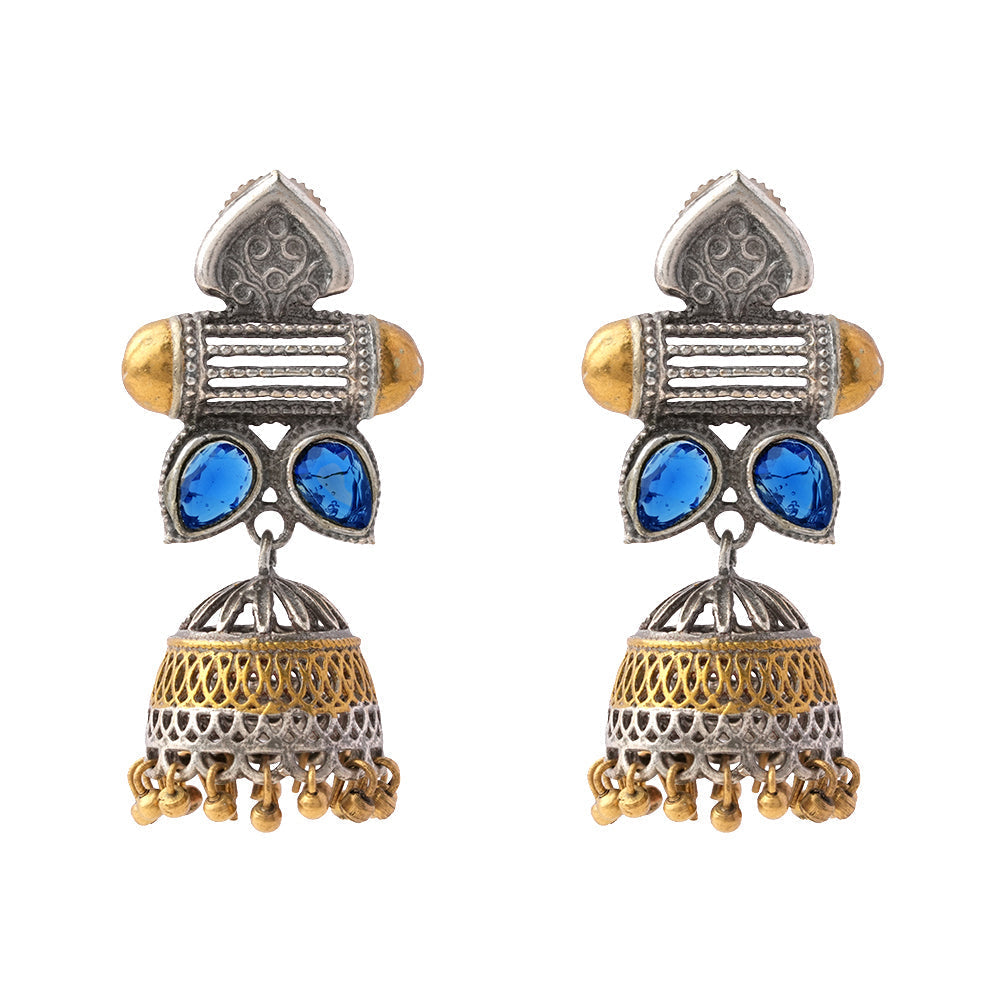 Rupali – Oxidised Silver Brass Stone-Studded Jhumka Earrings(Blue)