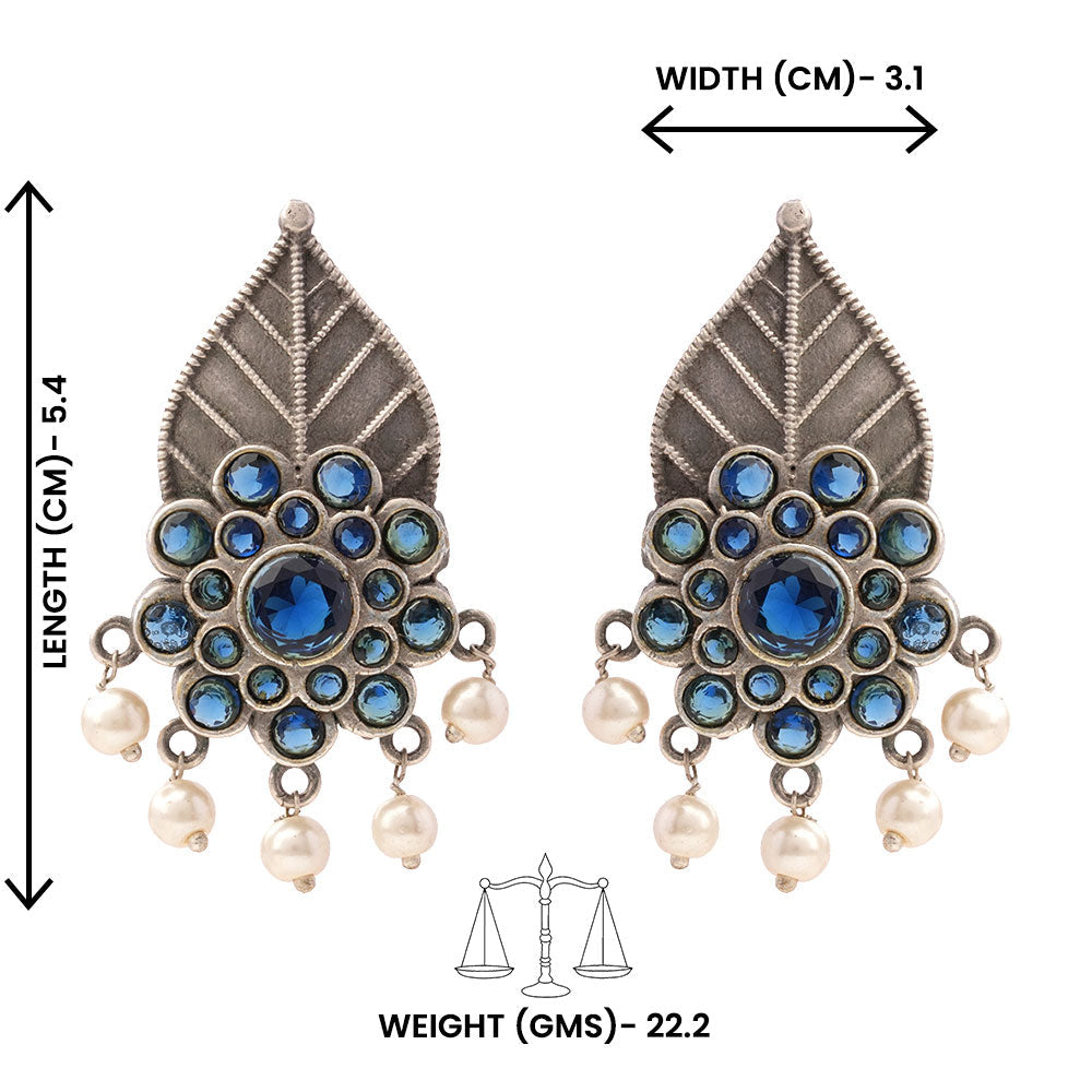 PatraPushp- Silver Brass Pearl Stud Earrings(Blue)