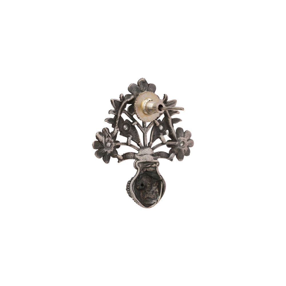 Pushp Kalash- Silver Brass Oxidised stud earrings(White)