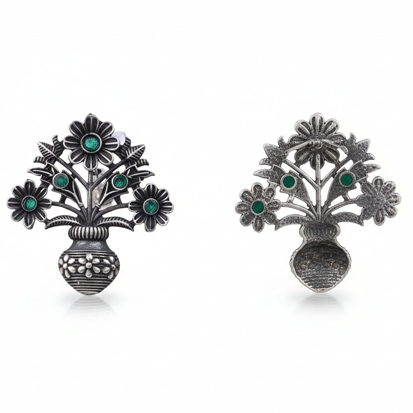 Pushp Kalash- Silver Brass Oxidised stud earrings(Green)
