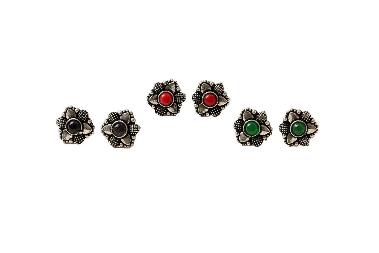 Kanmani- Combo of Silver Brass Oxidised stud Earrings