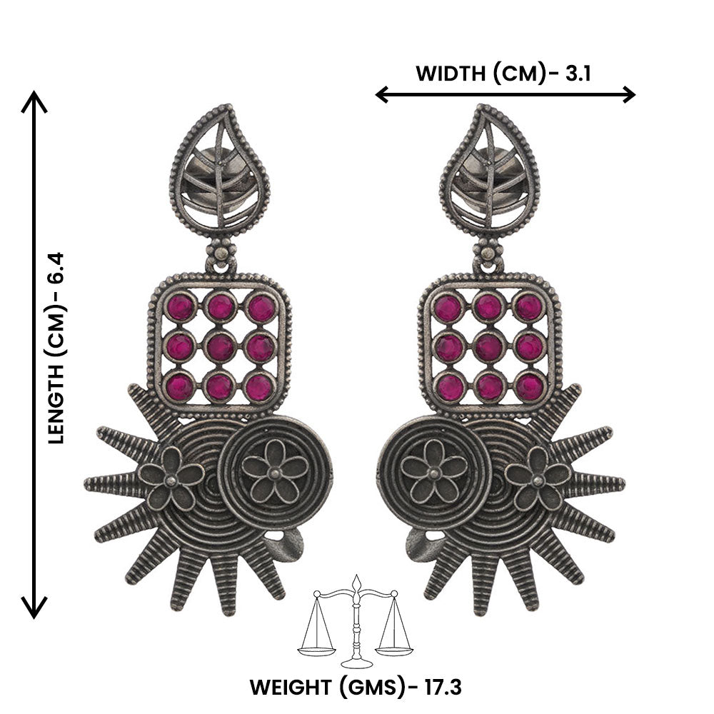 Pallavi – Silver Brass Oxidised Dangler Earrings ( Red )