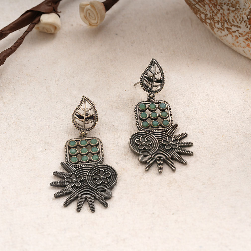 Pallavi – Silver Brass Oxidised Dangler Earrings ( Mint )