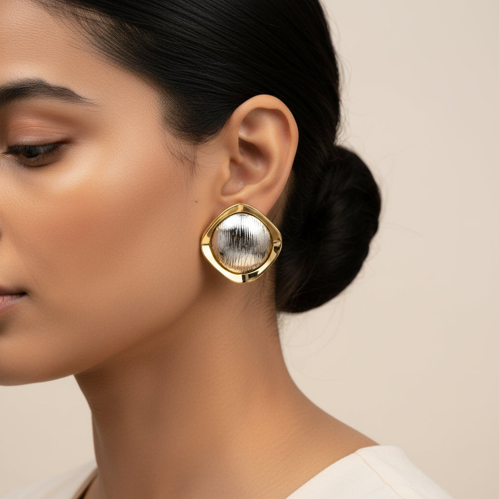 Auric Drop- Gold bordered pearl studs Earrings