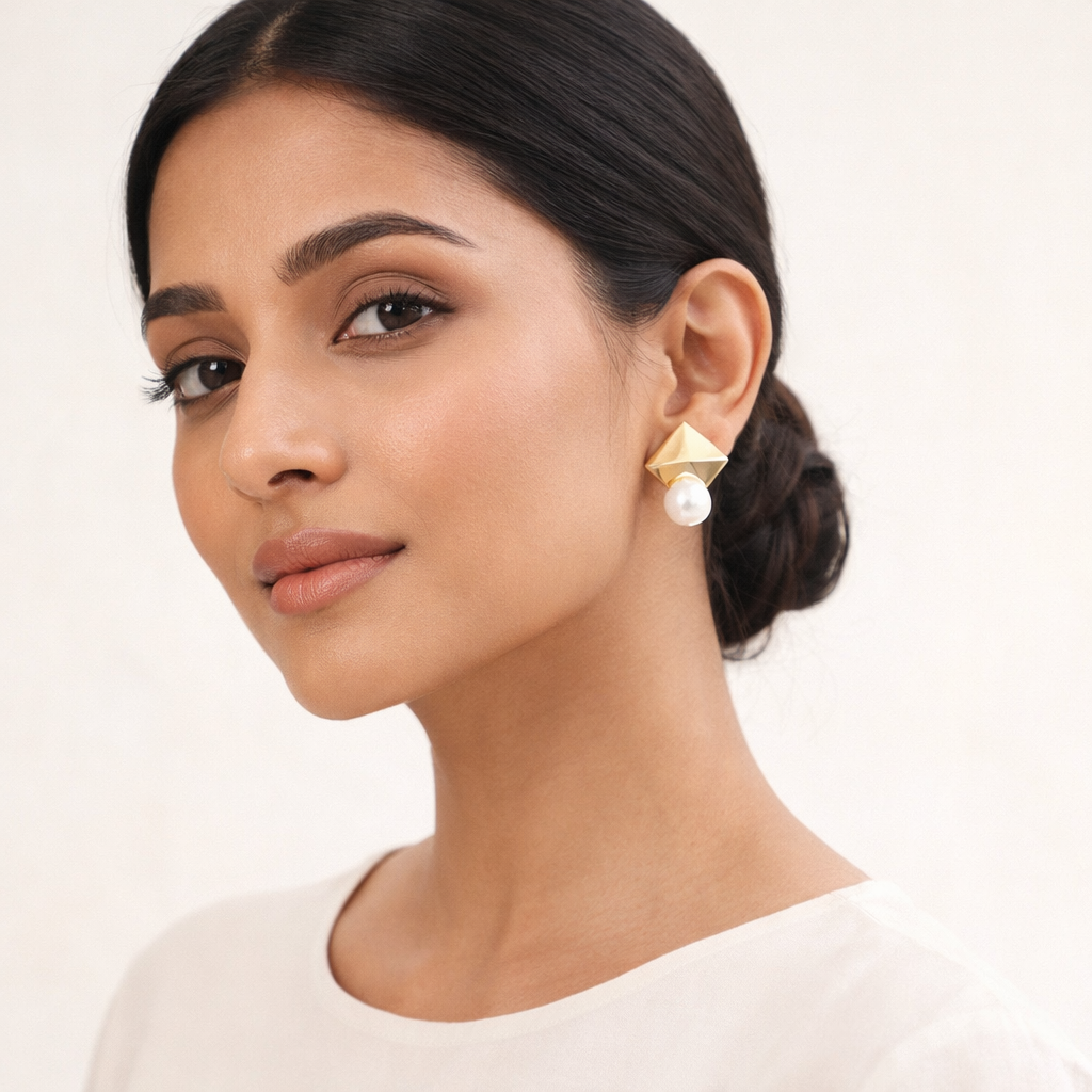 Pearly Gem- Pearl and metal stud earrings