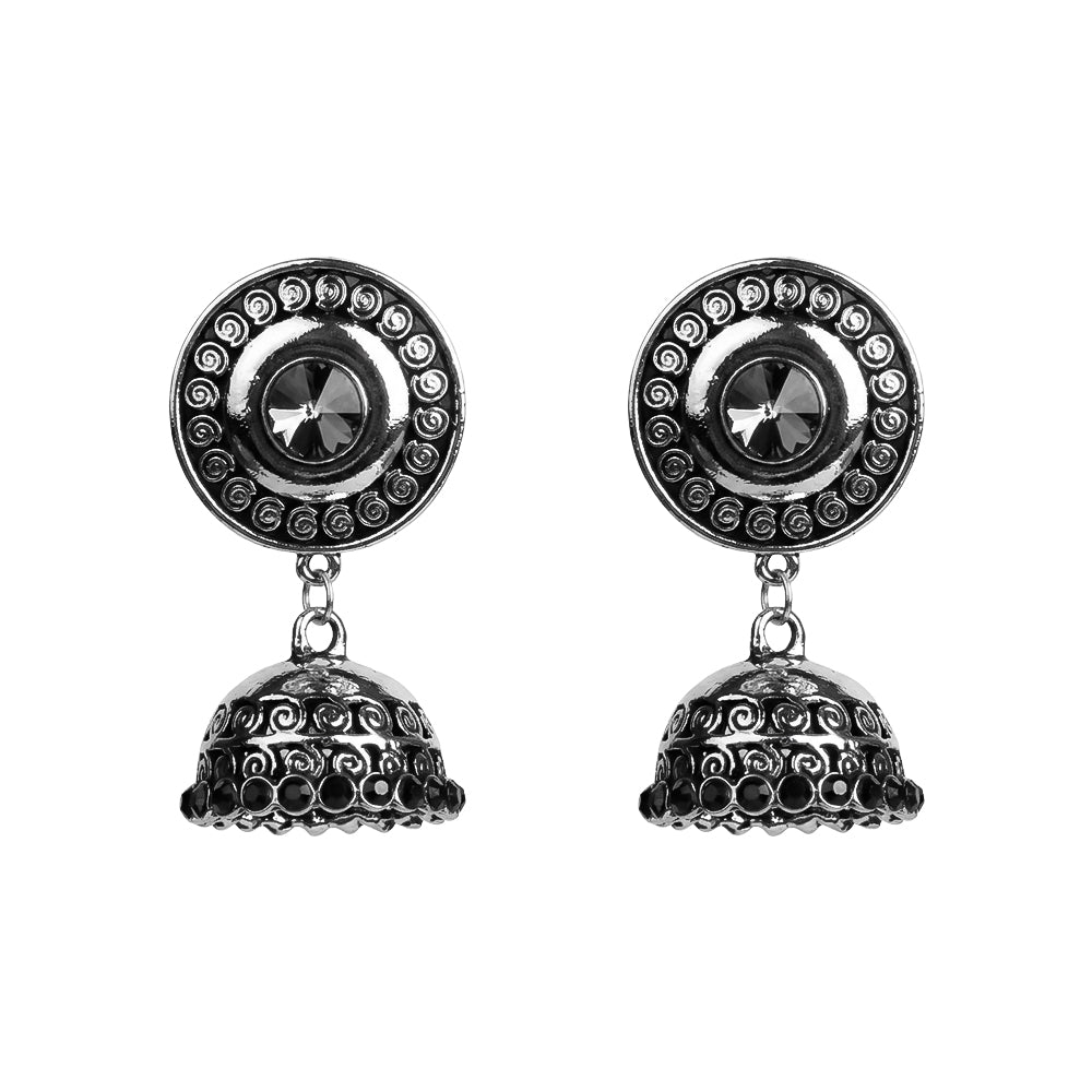 Gilded Spark- Stone studded Oxidised Jhumka Earrings