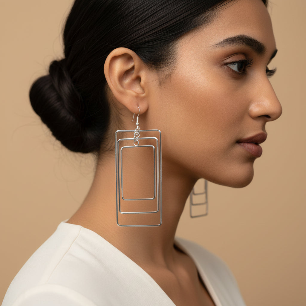 Silver square- Minimal framed dangler earrings