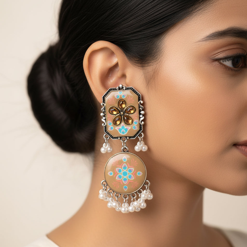Whisper of Hue- Hand painted hanging pearl Dangler Earrings(Golden rod)