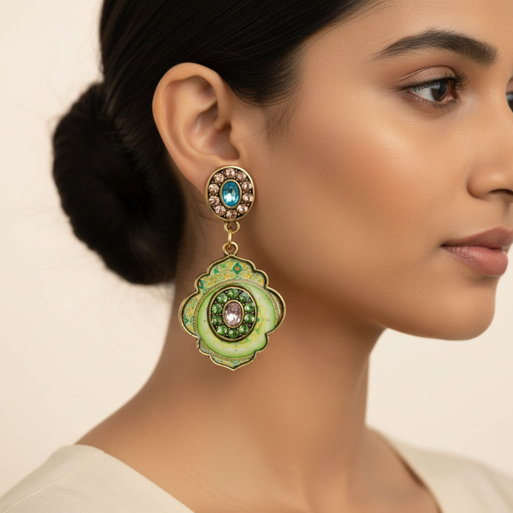 Mystic mirror- Hand painted stone studded dangler earrings