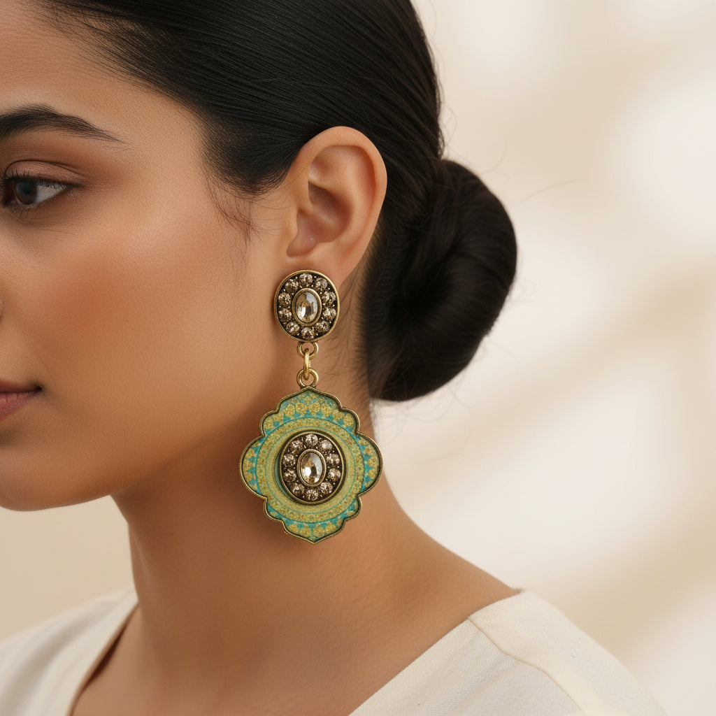 Mystic mirror- Hand painted stone studded dangler earrings