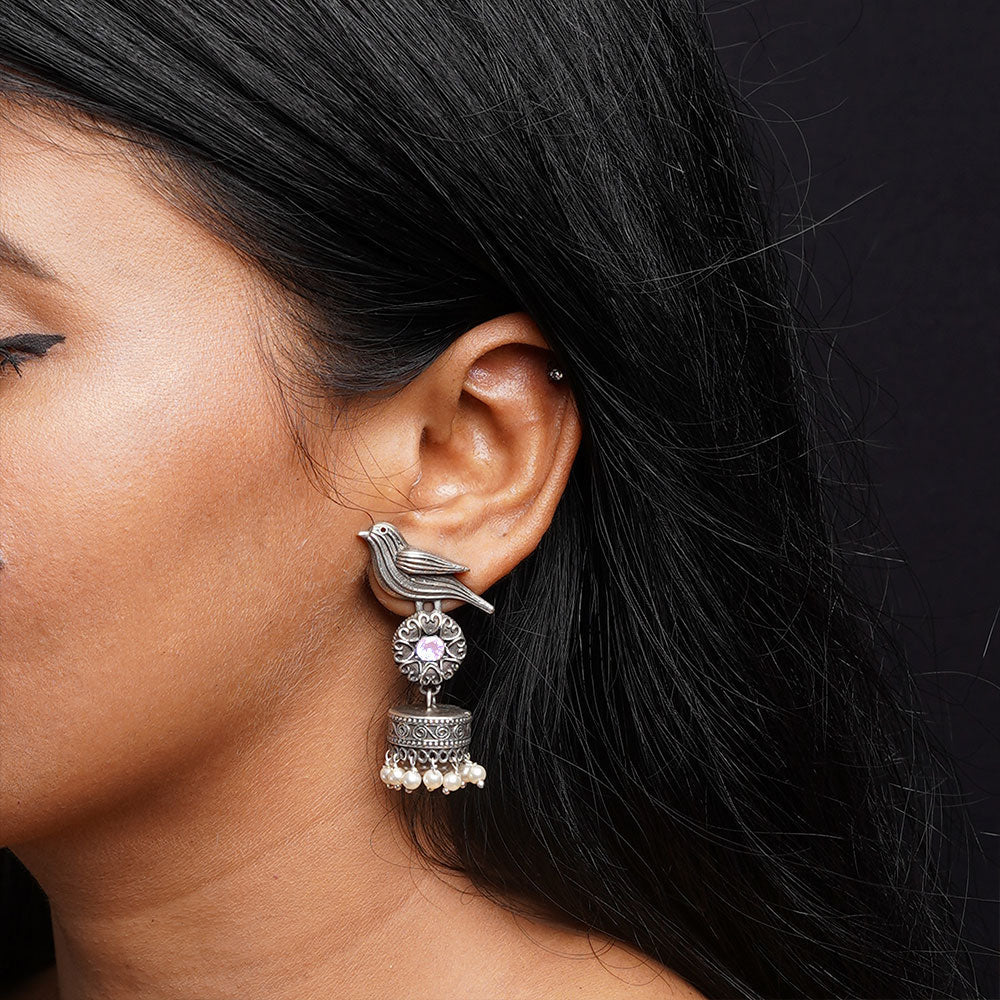 Chakori- Silver Brass Oxidised Jhumka Earrings(Baby Pink)
