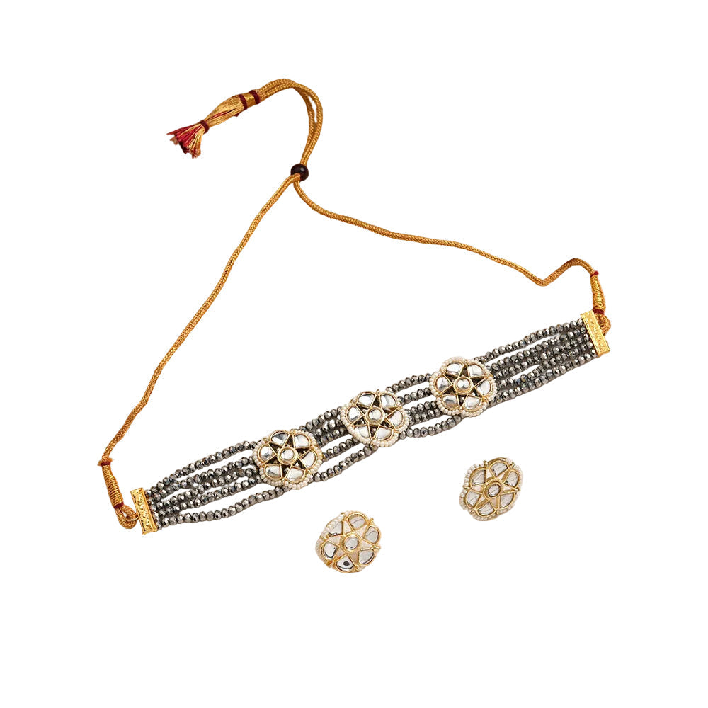 Kirtika- Stone Studded Beaded Neckpiece Set (Metallic)