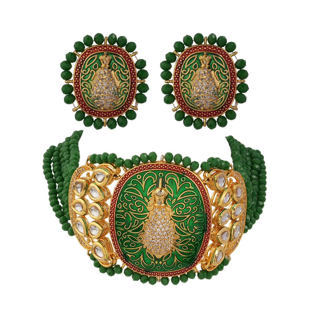 Tanira- Stone studded neckpiece set(Green)