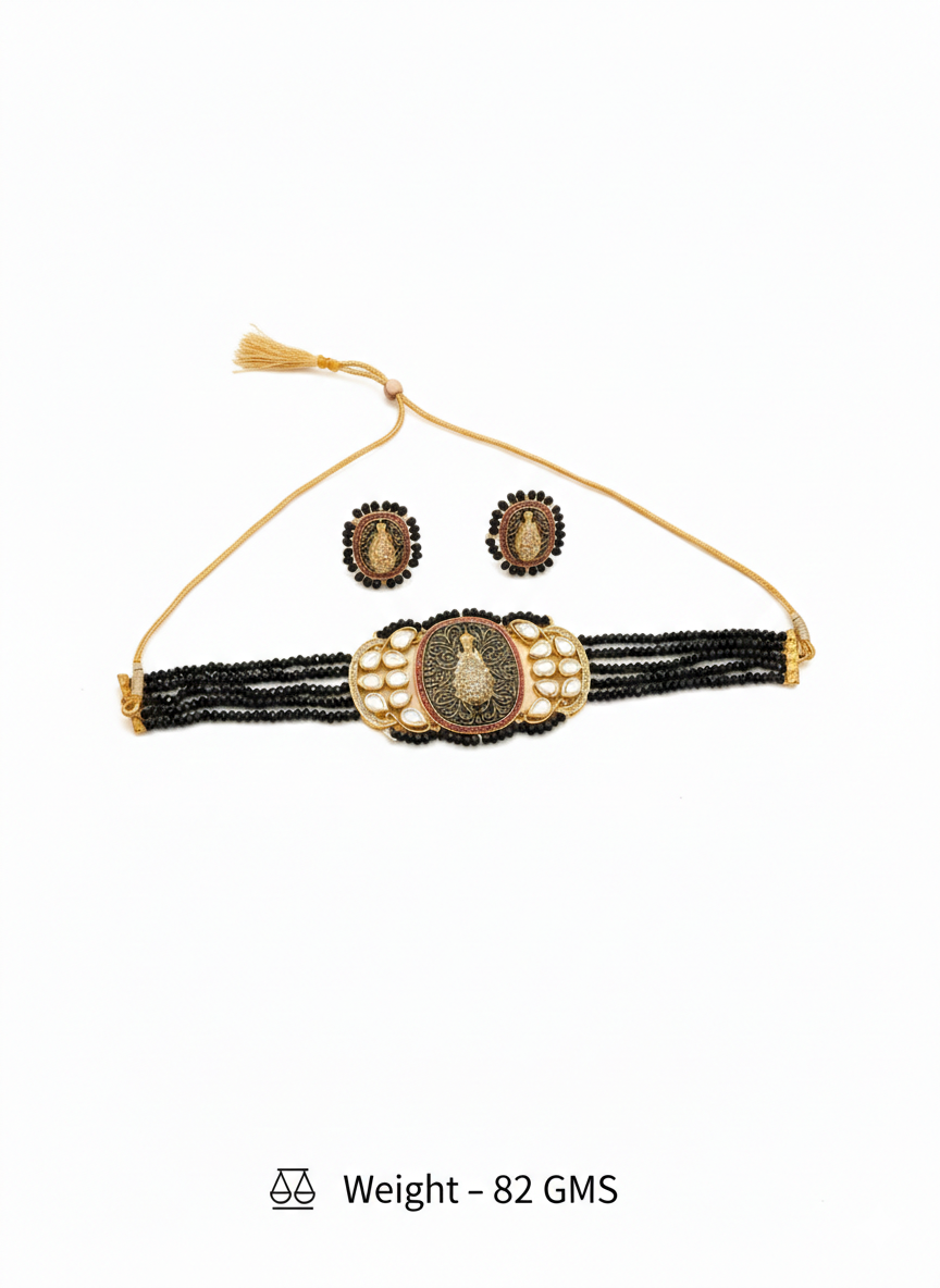 Tanira- Stone studded neckpiece set(Black)