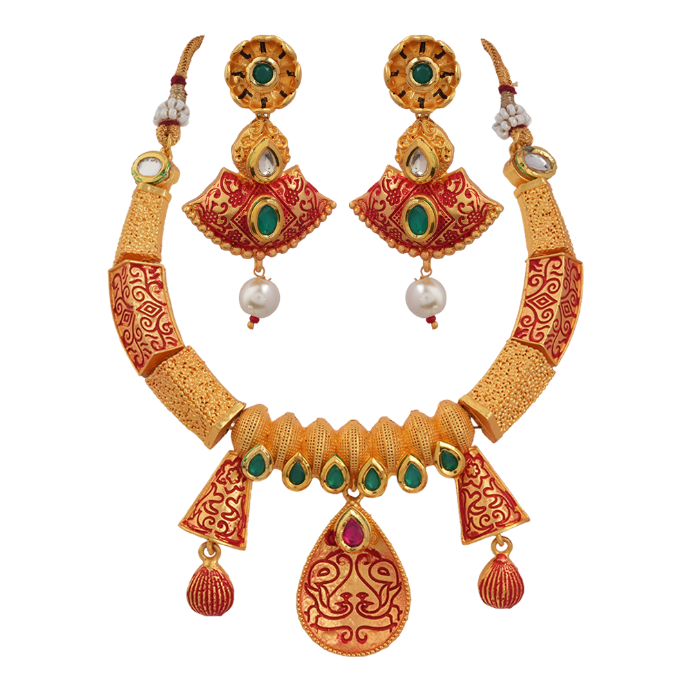 Reyshi- Stone studded hanging pearls Neckpiece(Multicolored)