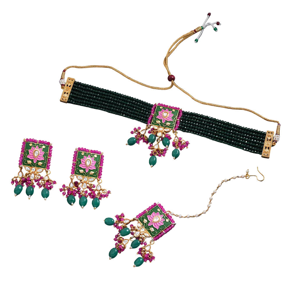 Mevaya- Stone studded hanging pearls Neckpiece set (Green)