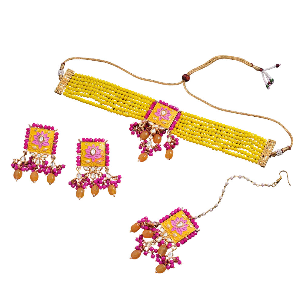 Mevaya- Stone studded hanging pearls Neckpiece set (Yellow)