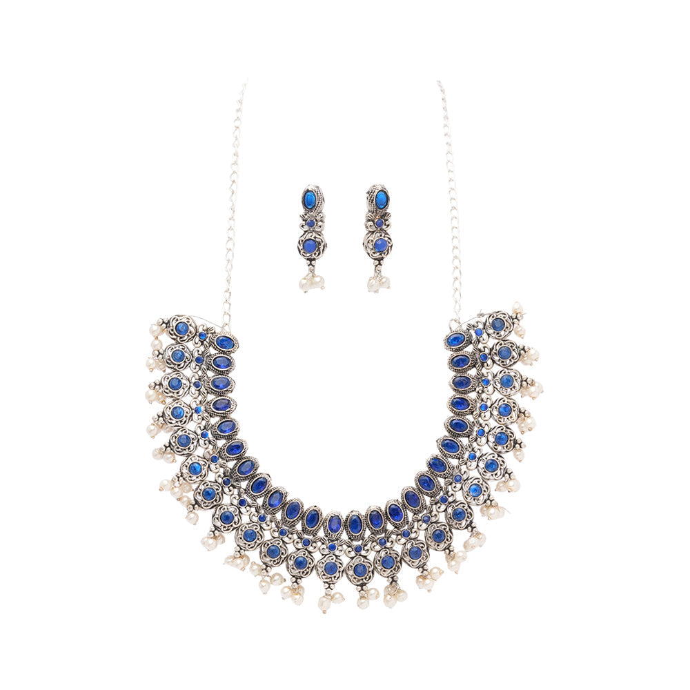 Tarangini- Stone-Studded German Silver Neckpiece set(Blue)