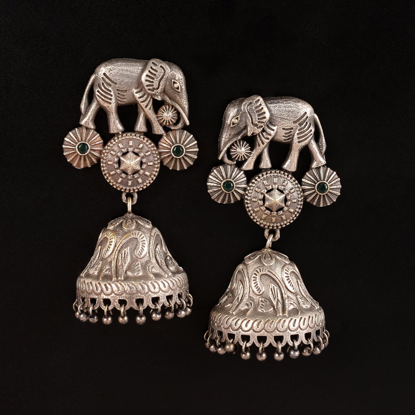 Hastini- Silver Brass Oxidised Jhumka earrings