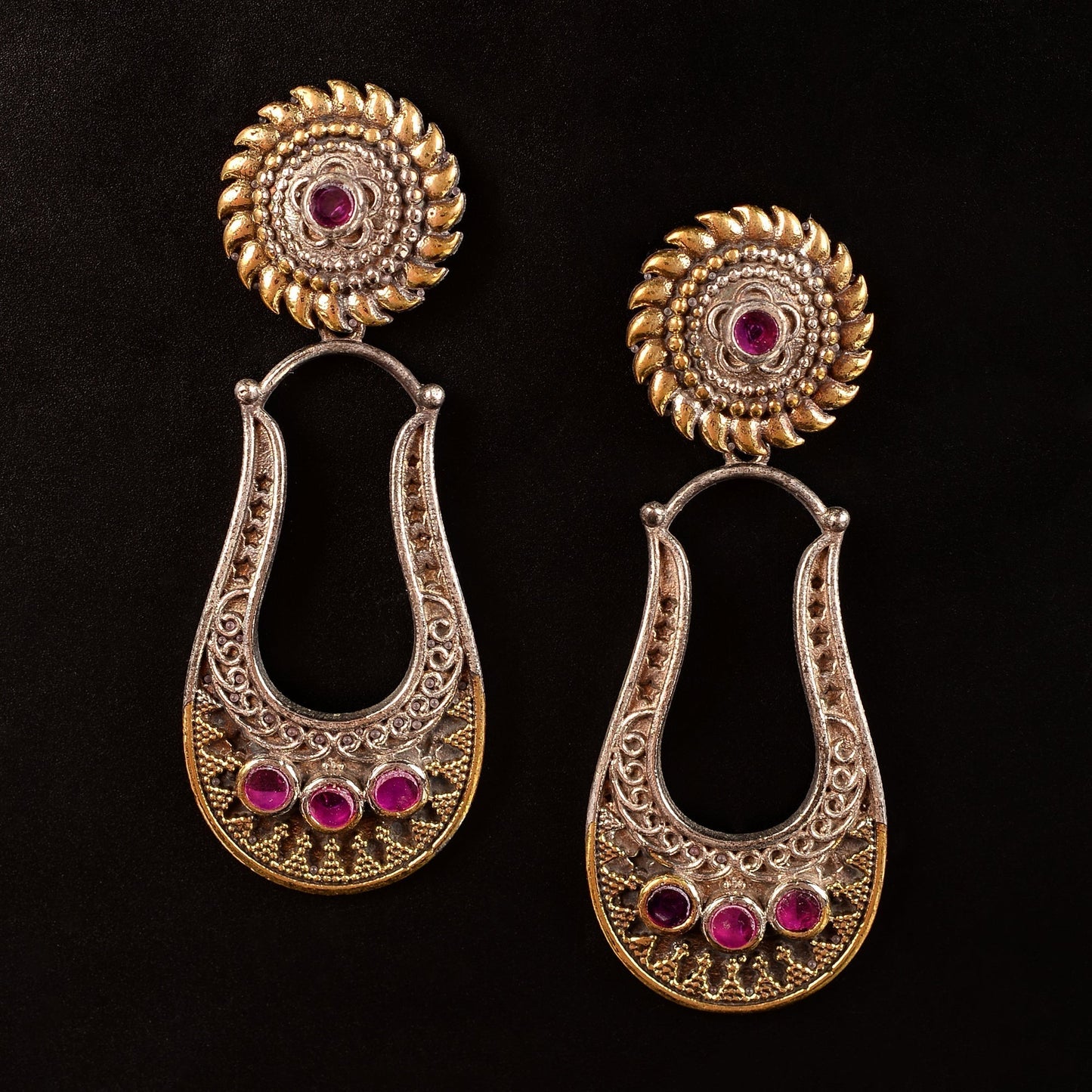 Nupura- Nupura- Silver Brass Oxidised dangler earrings(Red)